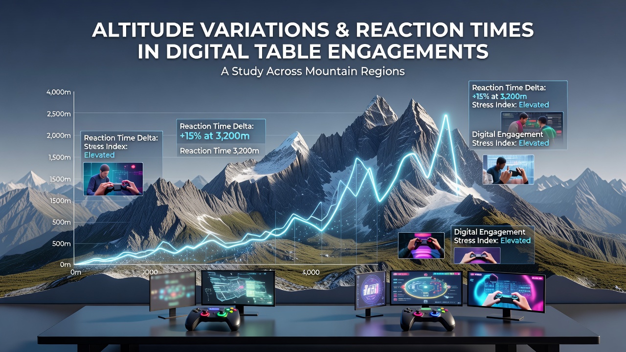 Mountain landscape with digital overlay showing reaction time metrics for online table games at varying altitudes