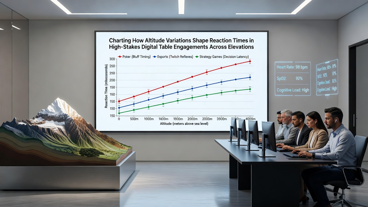 Graph overlay on mountain terrain illustrating reaction time increases correlated with elevation levels in digital gaming sessions