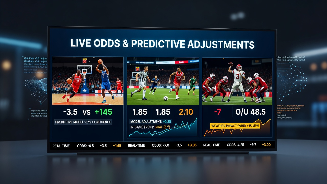 Predictive modeling dashboard showing real-time odds adjustments across multiple sports in a digital wagering interface