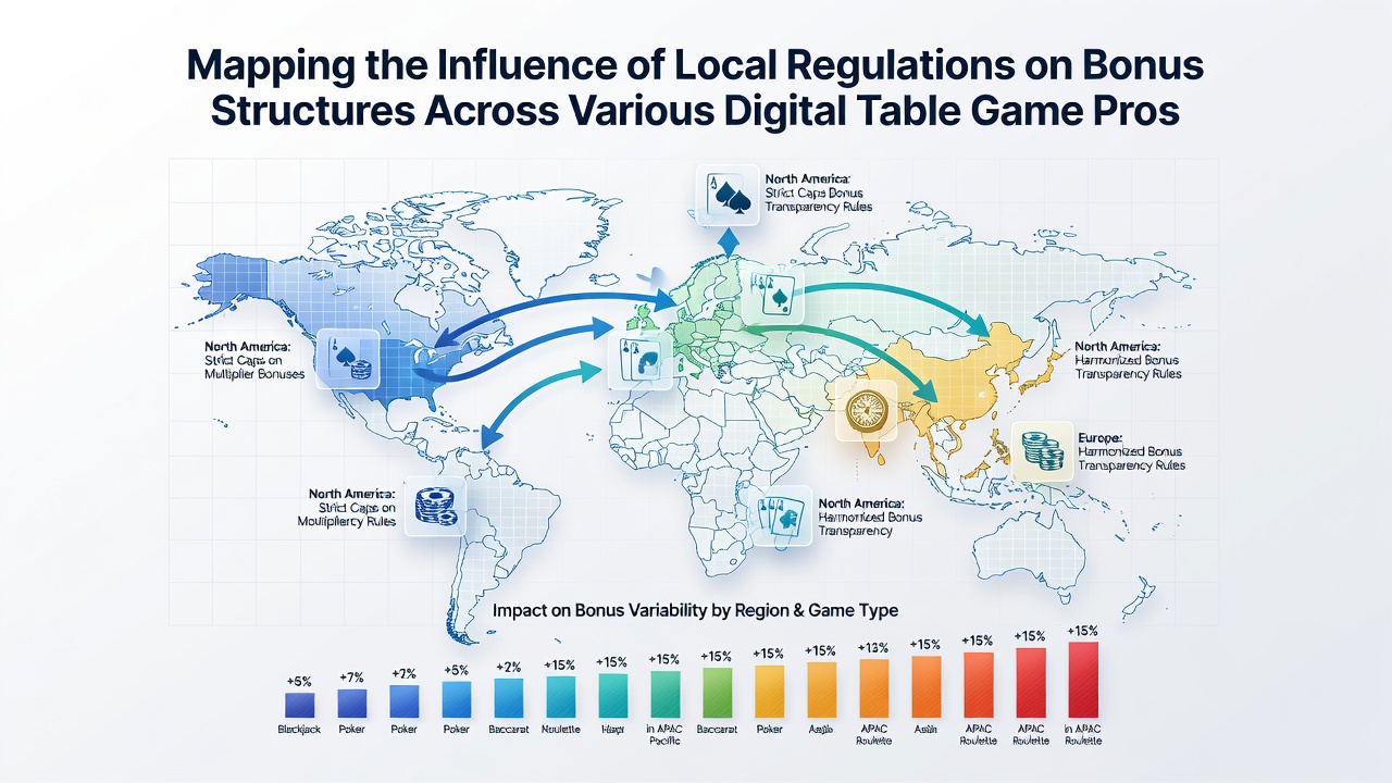 Charts and maps illustrating regulatory impacts on bonus structures for online table game providers in different regions
