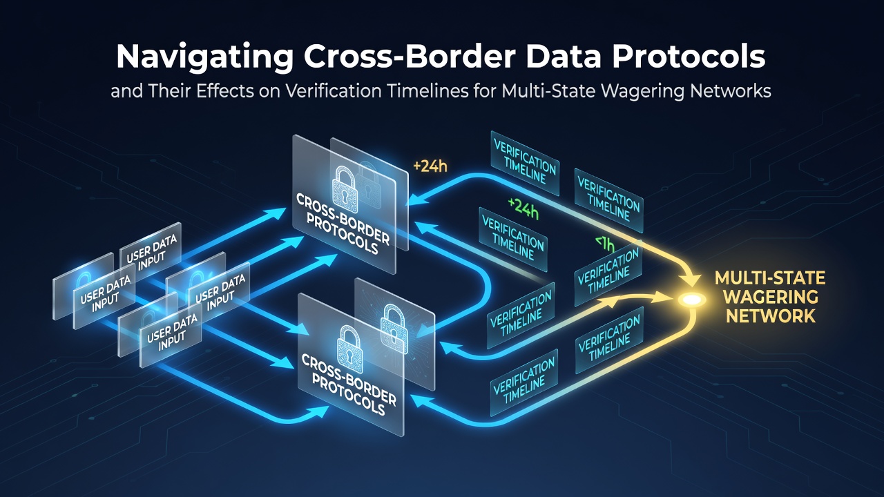 Diagram illustrating data flow across state lines in multi-state wagering networks with verification checkpoints