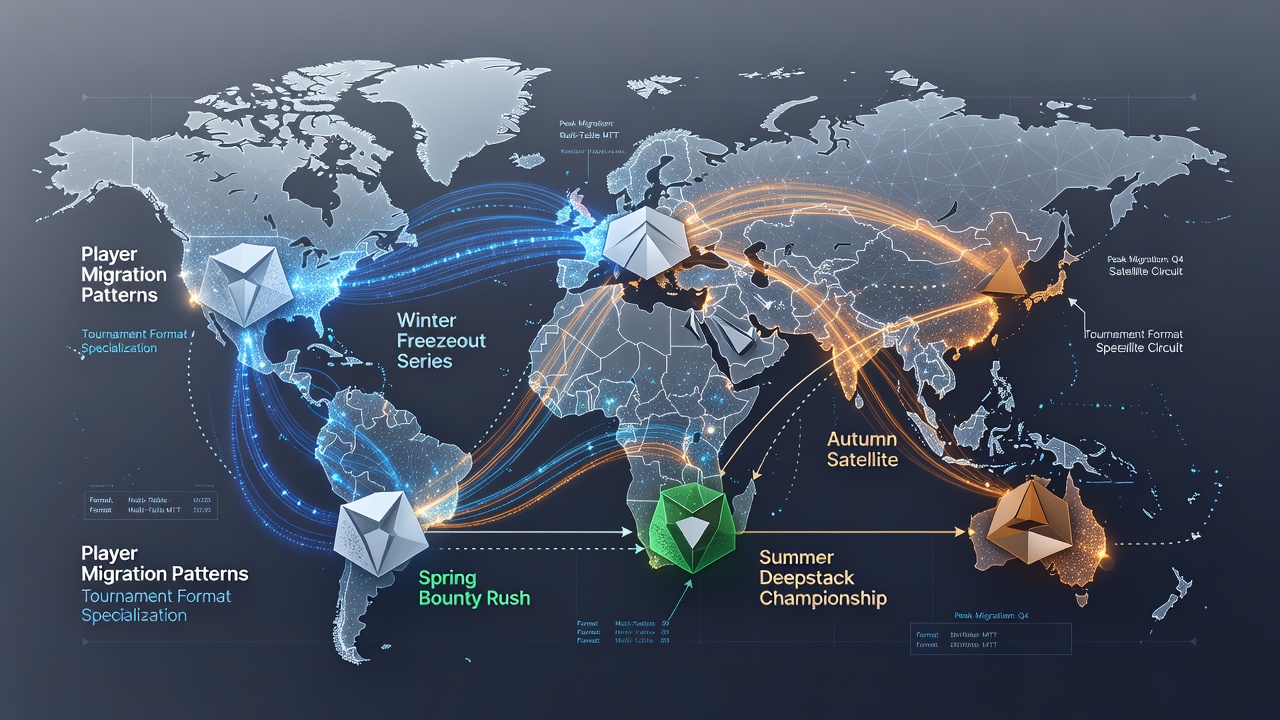 Digital poker network dashboard showing seasonal migration trends and tournament format participation rates