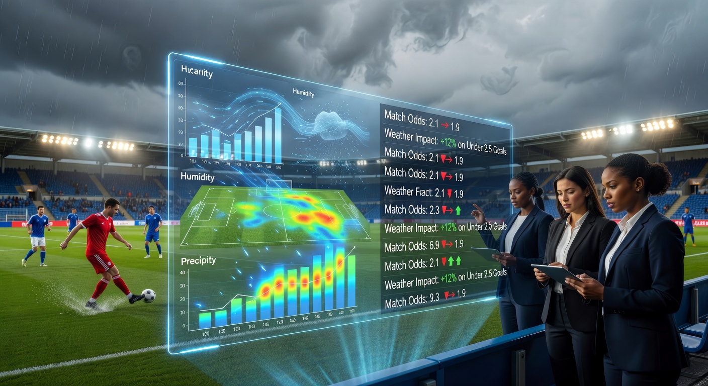 Weather data analytics dashboard displaying real-time conditions for outdoor sports events and betting adjustments