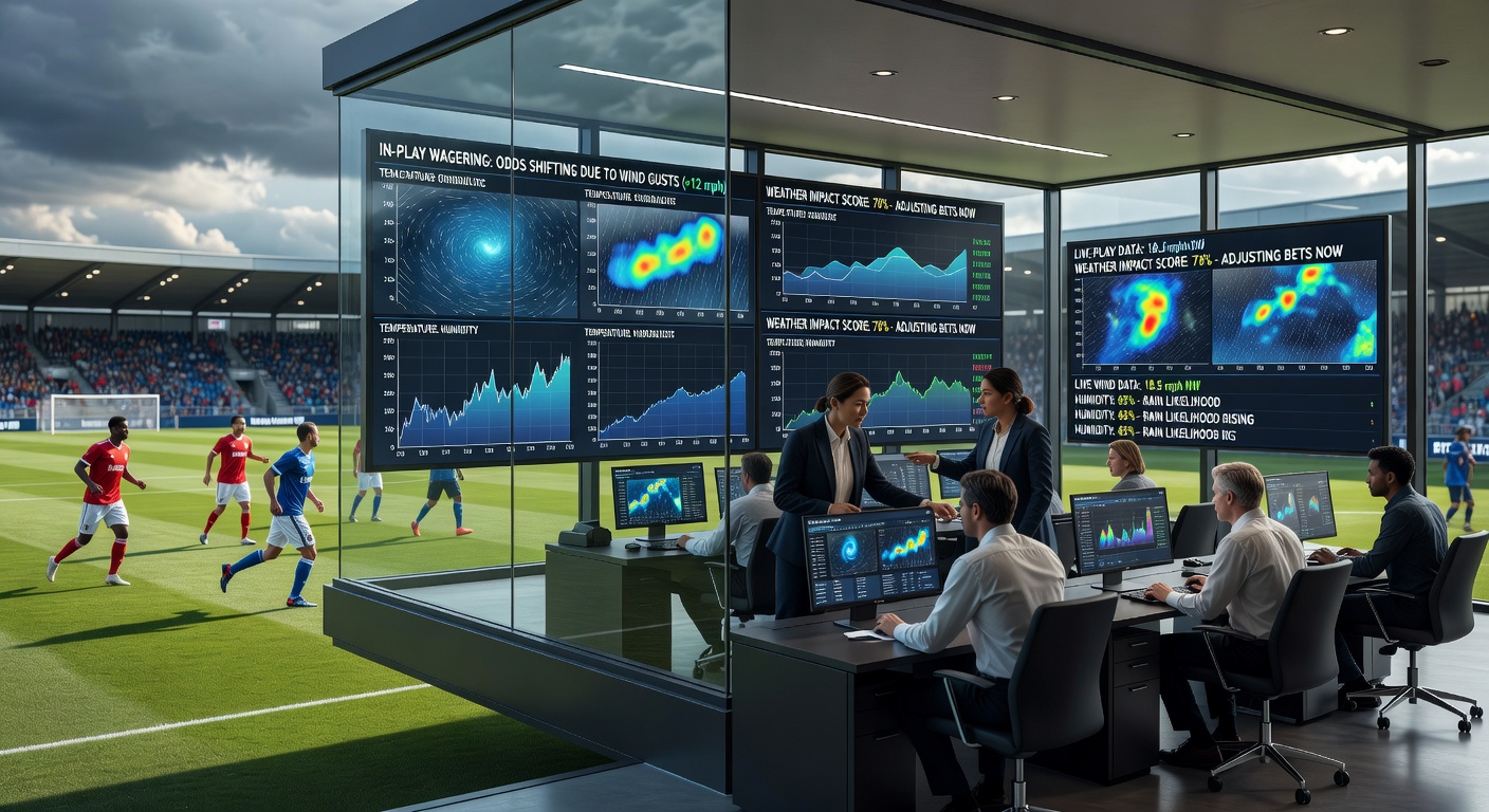 In-play wagering interface showing live odds adjustments linked to weather analytics during an outdoor sports event