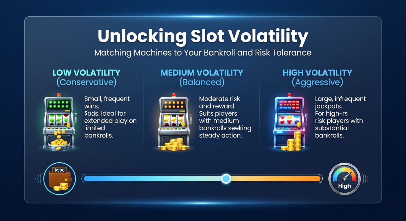 Casino floor with rows of colorful slot machines displaying various volatility levels, from steady payers to high-risk jackpots